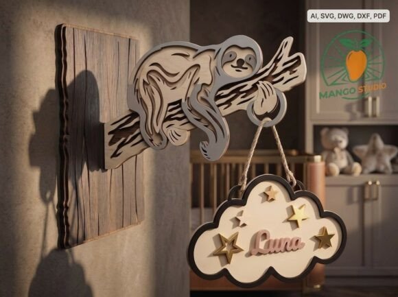 3D Sloth Nursery Name Sign Laser Cut