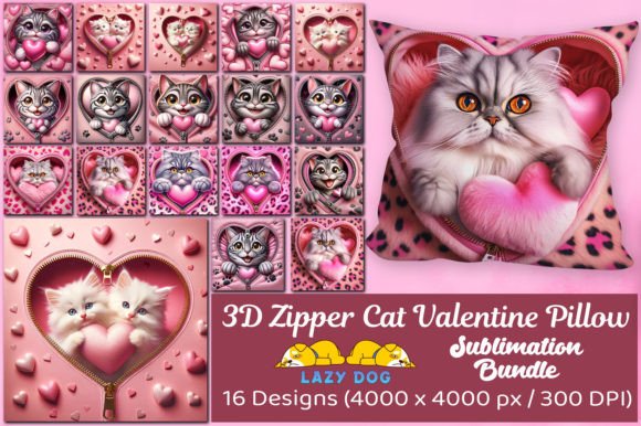 3D Zipper Cute Kitten Valentine Pillow Bundle
