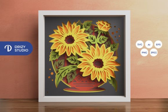 Sunflower Bouquet on Vas 3D Shadow Box